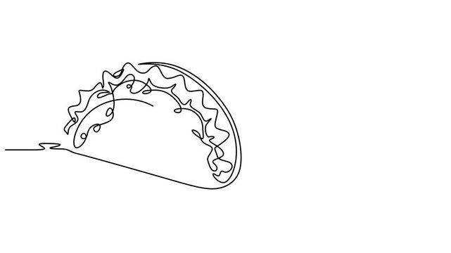 Animated self drawing of continuous line draw Tacos Mexican Food. Food and drink concept.  Full length one line animation. 4K, stylized Mexican tacos logo label. Emblem fast food nacho restaurant pro.