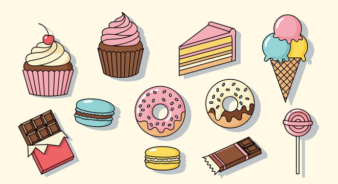 Colorful assorted sweet dessert icons.