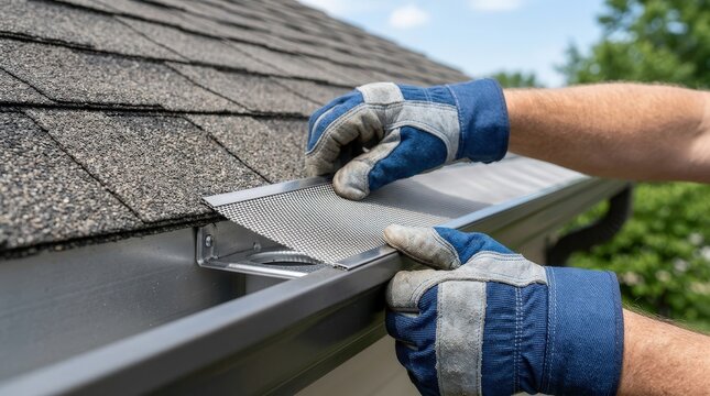 Hands in work gloves installing a metal mesh gutter guard on a roof. Home improvement and preventative maintenance for rain drainage system