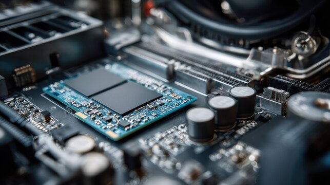 Close up of a central processing unit on a computer motherboard