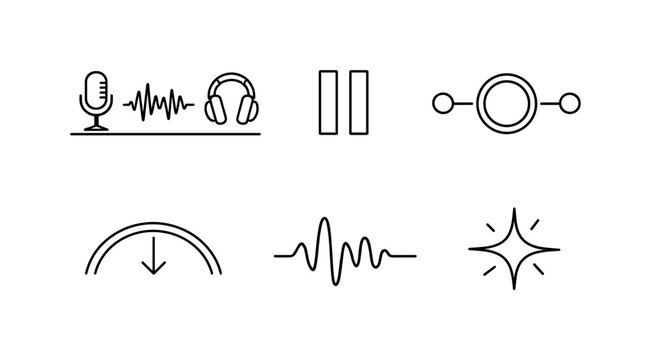 Line vector icons of an audio spot inserted into your podcast pause on a needed topic (contextual audio cue): podcast line, pause