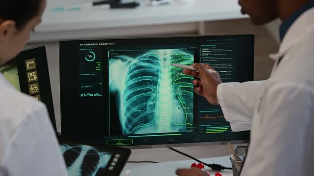 Over the shoulder view of bicultural young doctors in white coats looking at chest x rays on screens of computer and tablet and using AI software support