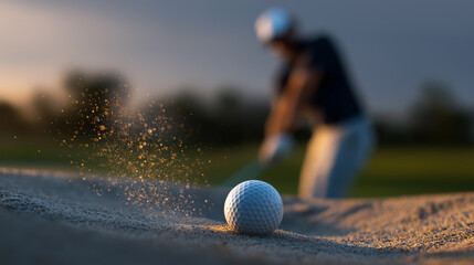 Obraz premium Golf ball in sand bunker with player swinging in background during sunset on golf course