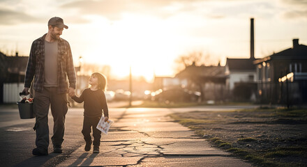 Fototapeta premium Father and son walking together at sunset on a residential street