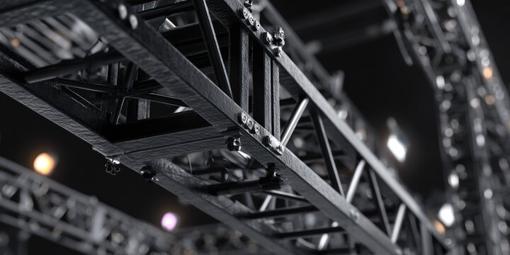 Metal truss structure with support beams against a dark backdrop