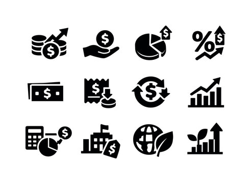 Financial Metrics Icons. Solid vector icons of financial performance metrics: revenue, profit, margin, roi, cost, expense,