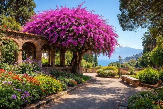 Taormina, Sicily, Italy - Villa Comunale Taormina Parco Florence Trevelyan public park with Victorian Follies eclectic oriental pavilions in Messina region of Sicily