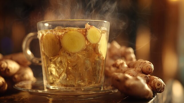 Close up of ginger tea in a glass cup with fresh ginger root