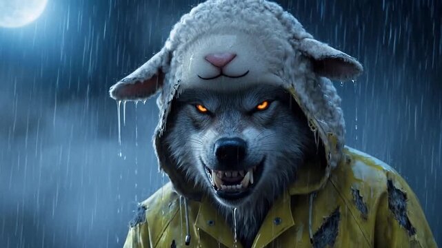 Fierce wolf in sheep's clothing snarls under heavy rain at night with sharp teeth and glowing orange eyes.