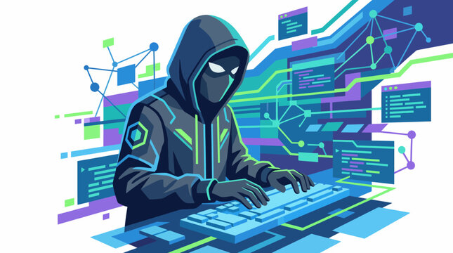 An intriguing image displaying a mysterious hooded figure using a keyboard, surrounded by abstract digital elements, symbolizing the essence of technology and cyber exploration.