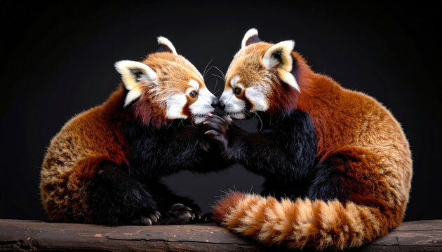 Affectionate red pandas share a tender moment, captured in a cozy embrace