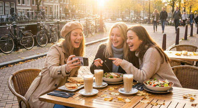 Three cheerful young women laughing while looking at smartphone at outdoor cafe table in sunny autumn city.