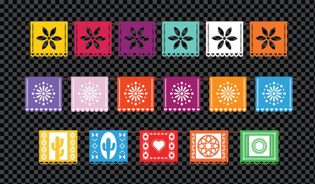 Mexican Papel Picado Banner Colorful Cut Paper Flags Fiesta Decoration Vector Set