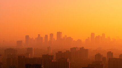 Obraz premium City skyline at sunrise with warm golden light and atmospheric urban haze