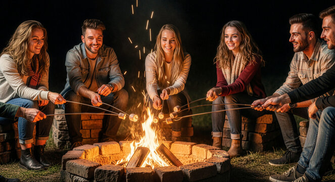 Group of friends roasting marshmallows over a campfire at night. Young adults sitting around a stone fire pit enjoying an outdoor gathering