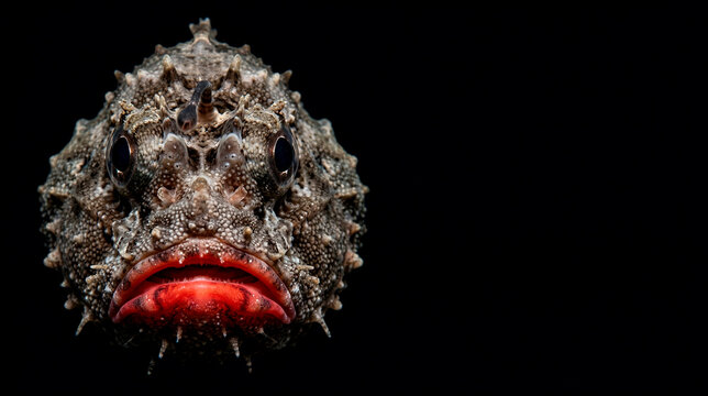 Bizarre red-lipped batfish portrait with unique face and vivid red lips on a black background with copy space. Macro photography of exotic marine life