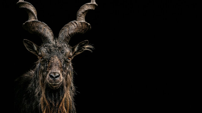 Majestic Markhor goat portrait with massive corkscrew horns on black background with copy space. Low key lighting, intense gaze, professional wildlife photography