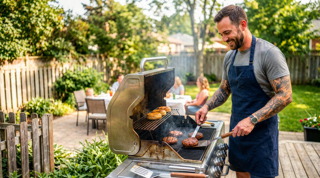 Tattooed man in apron grilling burgers on a gas grill in a backyard. Summer barbecue with friends and family in a suburban garden. Outdoor cooking and lifestyle concept