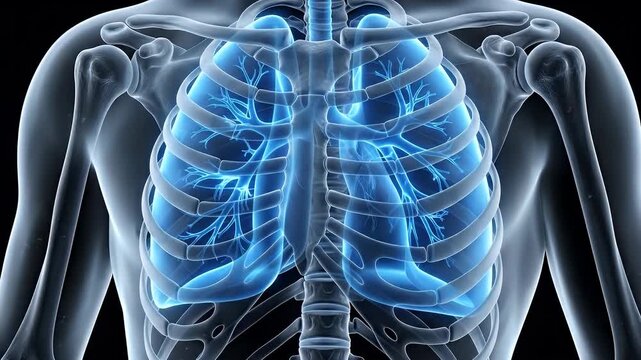 Human lungs medical animation with respiratory system anatomy, 3D visualization of chest showing bronchi and breathing function, healthcare concept for pulmonary disease, oxygen and lung health