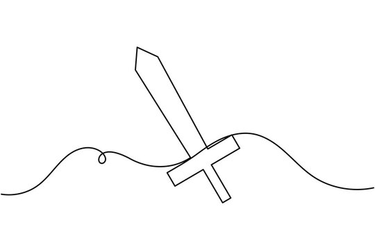 Knight sword sign icon continuous one line drawing on white background single art minimal fight symbol outline vector illustration