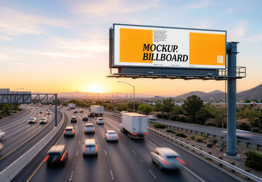 Highway Road Billboard Mockup. Advertising Screen on Rural Road at Sunset
