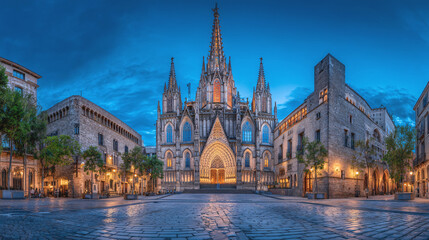 Fototapeta premium Gothic cathedral facade at dusk, illuminated entrance on city square