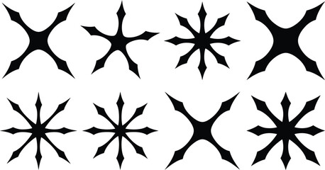 Collection of Eight Black Spiked Star Shapes on White Background sharp point © Kosain