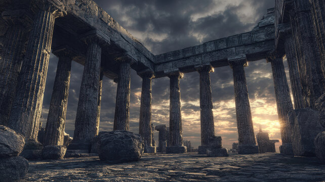 Space universe exploration, fantasy. A dramatic portrayal of a grand, ancient temple complex at sunset. The temple is composed of tall, slender columns with intricate carvings and a central pediment.