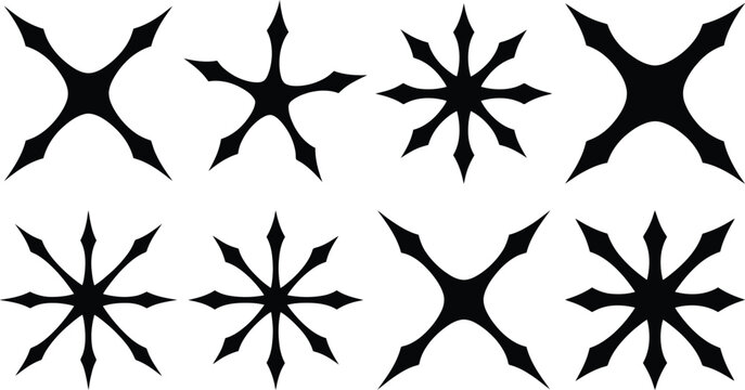 Collection of Eight Black Spiked Star Shapes on White Background sharp point