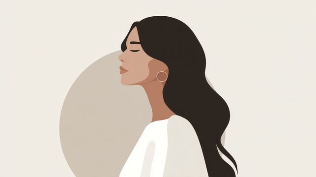 Woman profile illustration serene portrait with long dark hair and calm expression