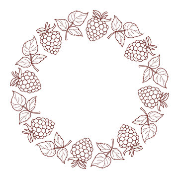 Outline Round Wreath Frame with Blackberries. Botanical Forest Wild Berry Circle Border. Line drawing, coloring page. Organic Fruit Template with Empty Copy Space. Vector Illustration.
