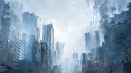 Rain streaks blur a distant cityscape through a wet window. Urban towers loom in foggy, cool blue tones. Muted sky reflects the downpour's intensity. Silent, reflective, this view feels isolated