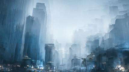 Moisture distorts cityscape behind glass. Foggy morning blurs skyscrapers with swirling condensation. Urban skyline fades into misty haze. Cool blue tones evoke quiet solitude