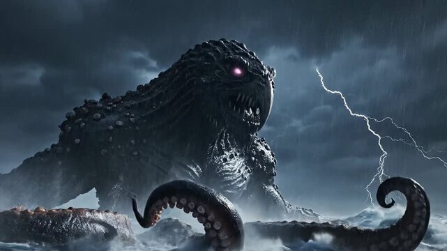 Giant Octopus creature rising from the stormy sea