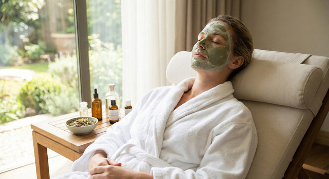 Woman in white bathrobe relaxing at home or luxury spa with green clay mud mask applied to face.