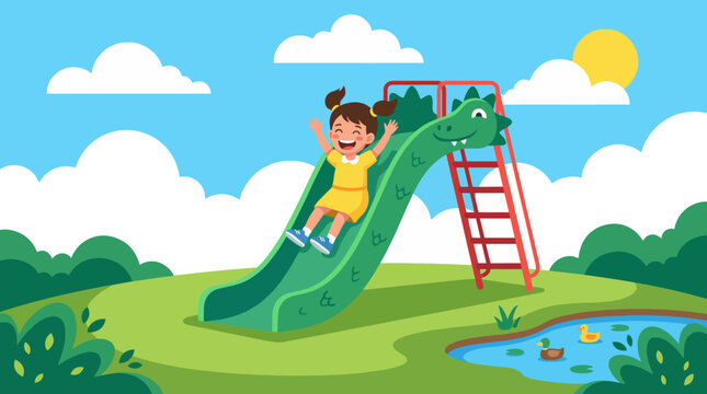 A cheerful child with pigtails is sliding down a green dragon-shaped slide in a bright and colorful playground under a clear blue sky, capturing the essence of childhood joy.