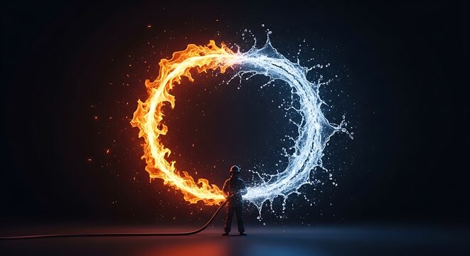 Firefighter silhouette holding hose creating circle of fire and water representing balance and control in disaster zones