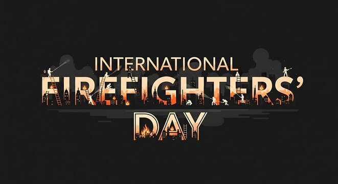 Conceptual typography design for International Firefighters Day featuring silhouettes of firemen using hoses and ladders against a dark background