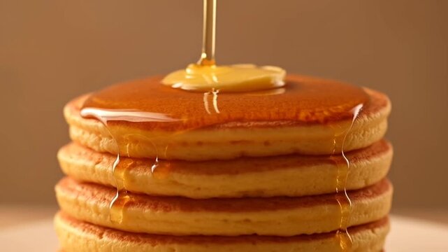 Stack of fluffy pancakes drizzled with golden syrup against a soft, neutral background