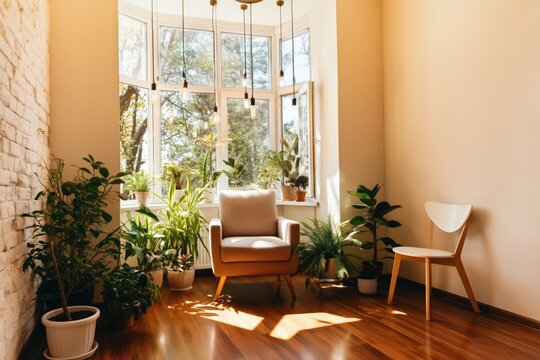 Single armchair in bay window surrounded by indoor plants