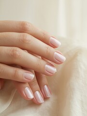 Fototapeta premium Elegant female hands with short, natural nails featuring a light pink polish, resting gently on a soft, textured fabric background in a neutral tone