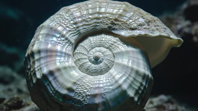 Close up of an iridescent sea shell with spiral pattern