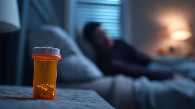 Medicine bottle on bedside table with blurred person in bed representing healthcare, illness and treatment concept.