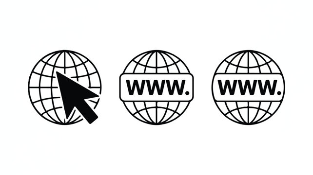 Black and white globe icons with web addresses on white background