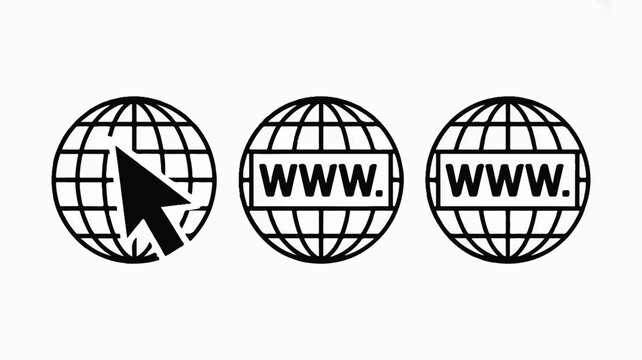 Black and white globe icons with www text and cursor on white background