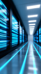 Fototapeta premium Futuristic data center corridor with glowing lines representing high-speed technology and digital infrastructure.