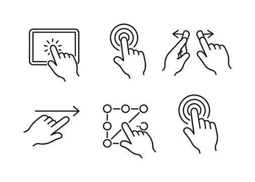 Line style vector icons of interactive multitouch screen: touchscreen-outline icon, finger-tap motif, pinch-zoom icon,