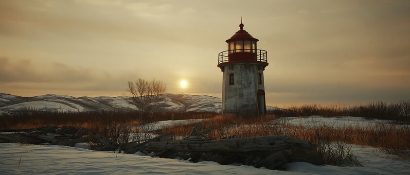 Lighthouse standing on grassy coast at sunset in norway by barents sea with golden sunlight and soft clouds illuminating calm water and rural landscape Concept of hope and guidance