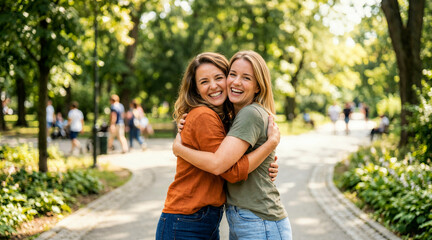 Fototapeta premium Portrait of two happy young women embracing and smiling at the camera in a sunny park. Cheerful female friends hugging outdoors on a summer day. Friendship and togetherness concept