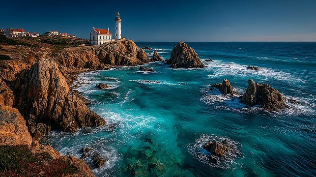 A rugged coastal landscape with lighthouse on cliff and crashing ocean waves perfect for travel posters images